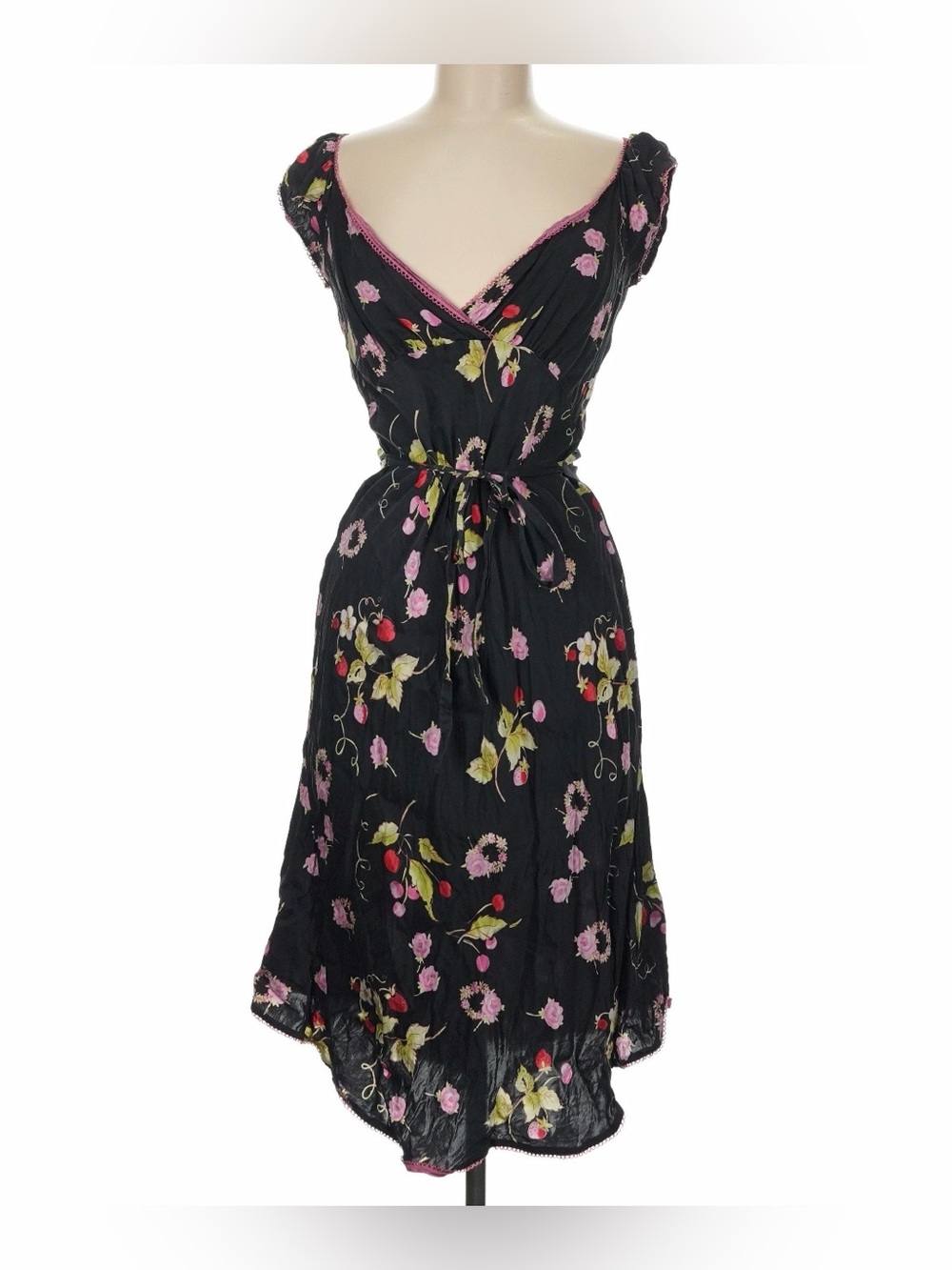 Betsey Johnson Black Floral Midi Dress with Pink Trim